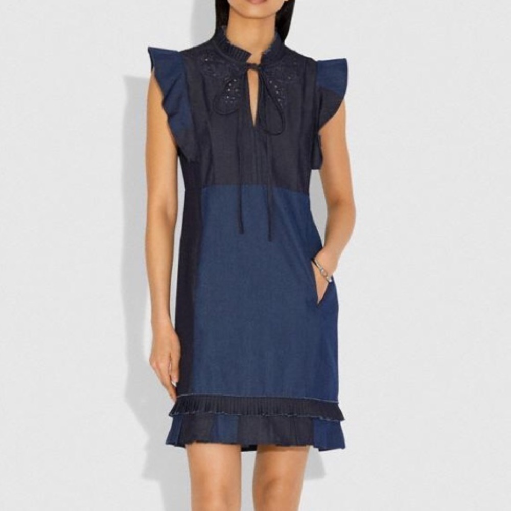 Coach Denim Patchwork Dress with Broderie Anglaise and Ruffle Details